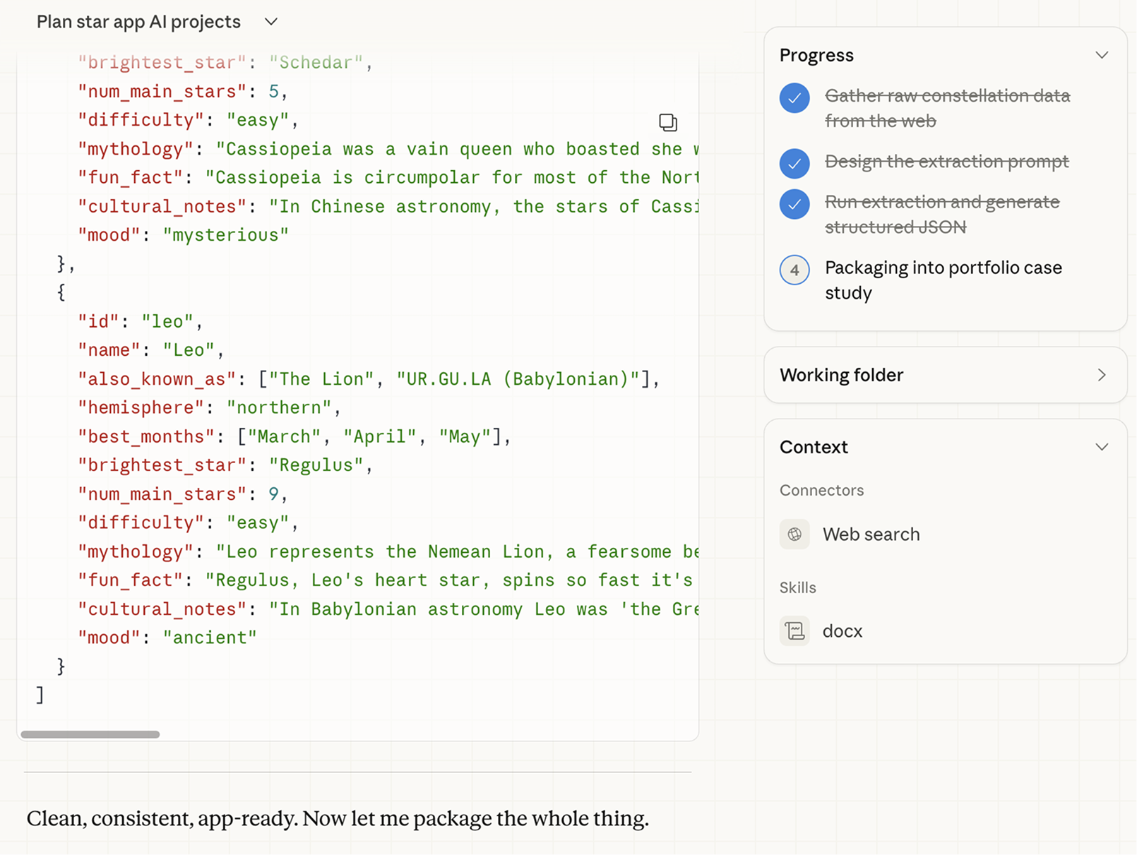 Claude extracting constellation data into structured JSON
