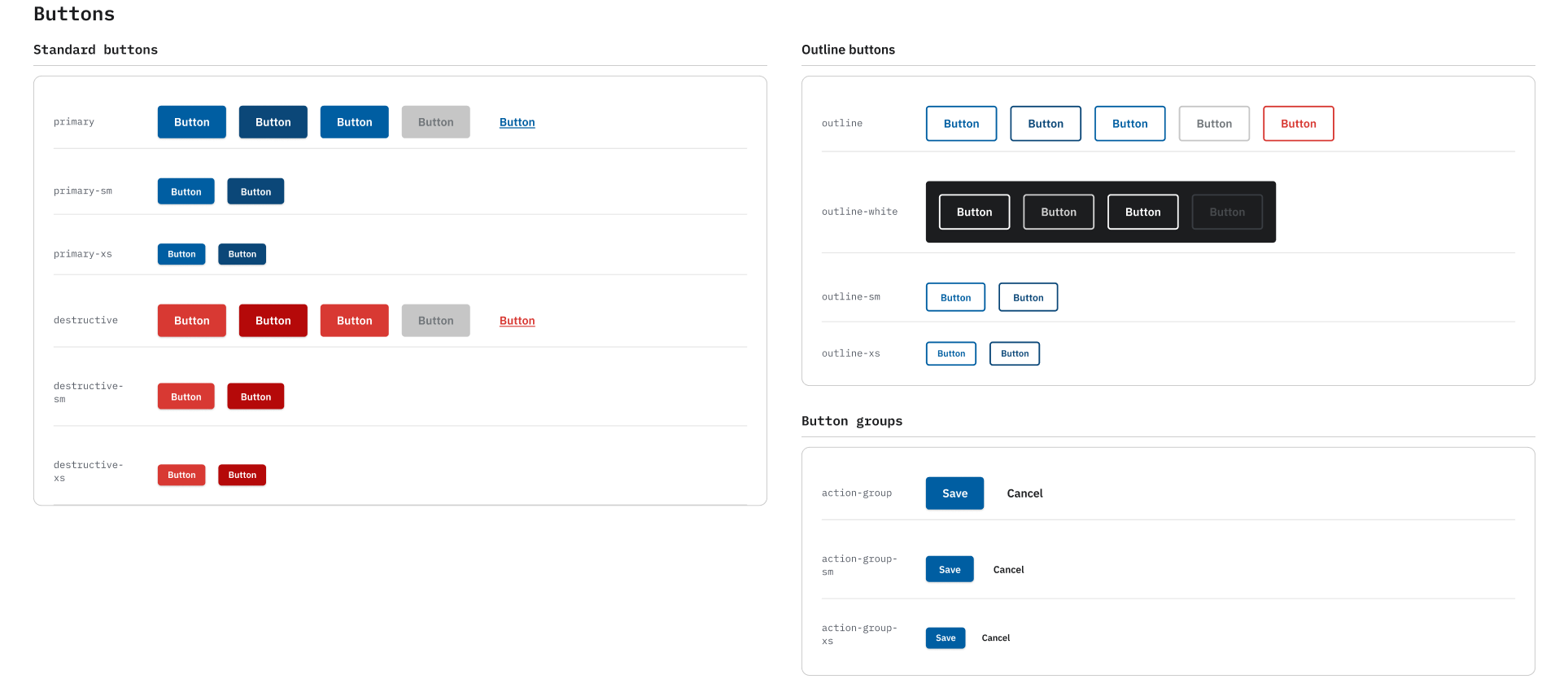 Core components — button variants and states from the design system