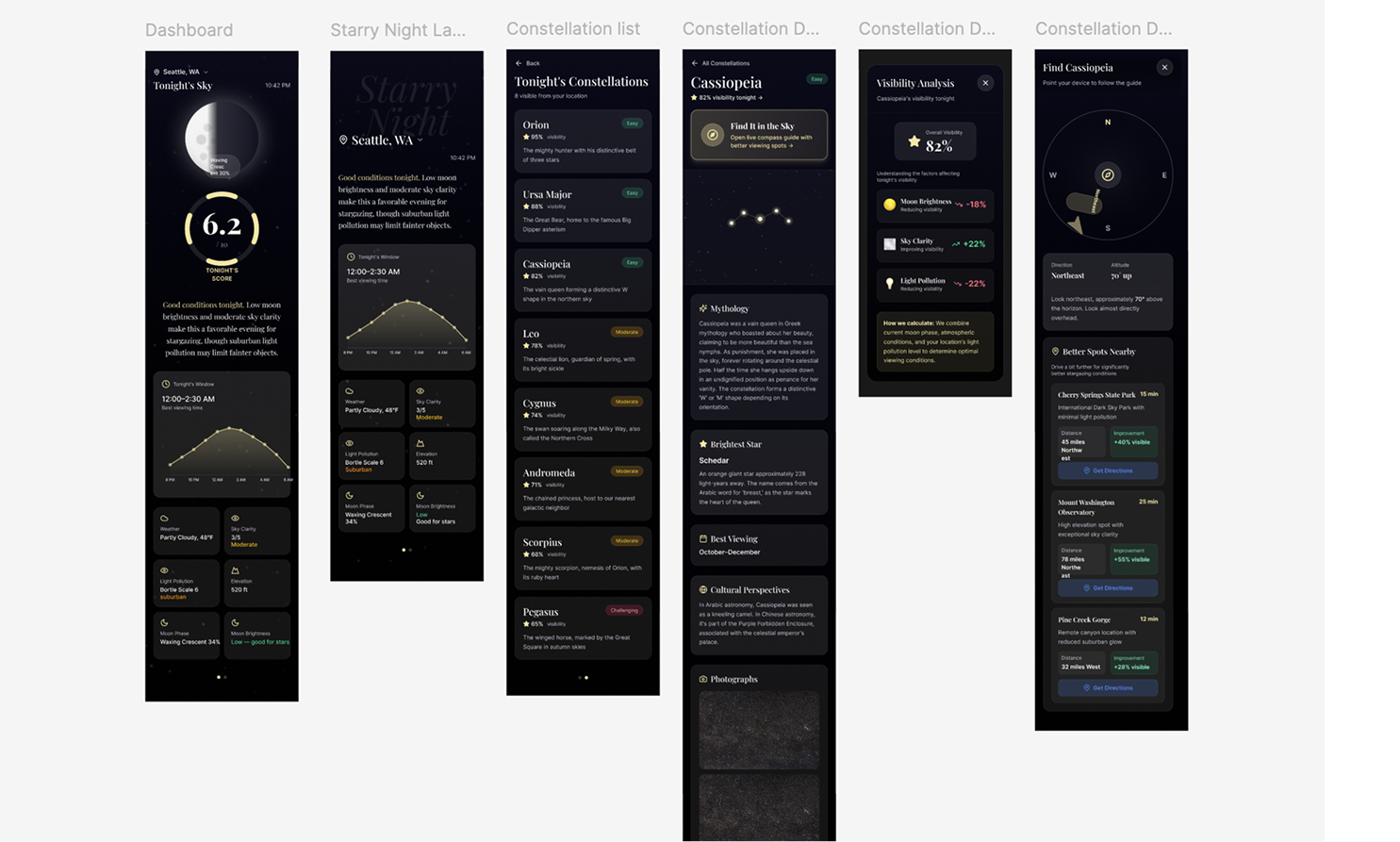 All screens designed in Figma Make — dashboard, constellation list, and detail views