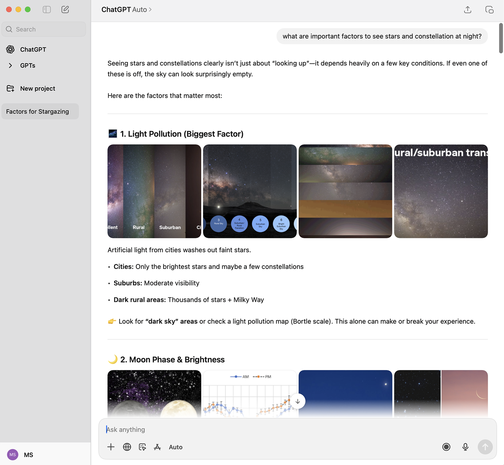 ChatGPT generating a feature list for the star-gazing app