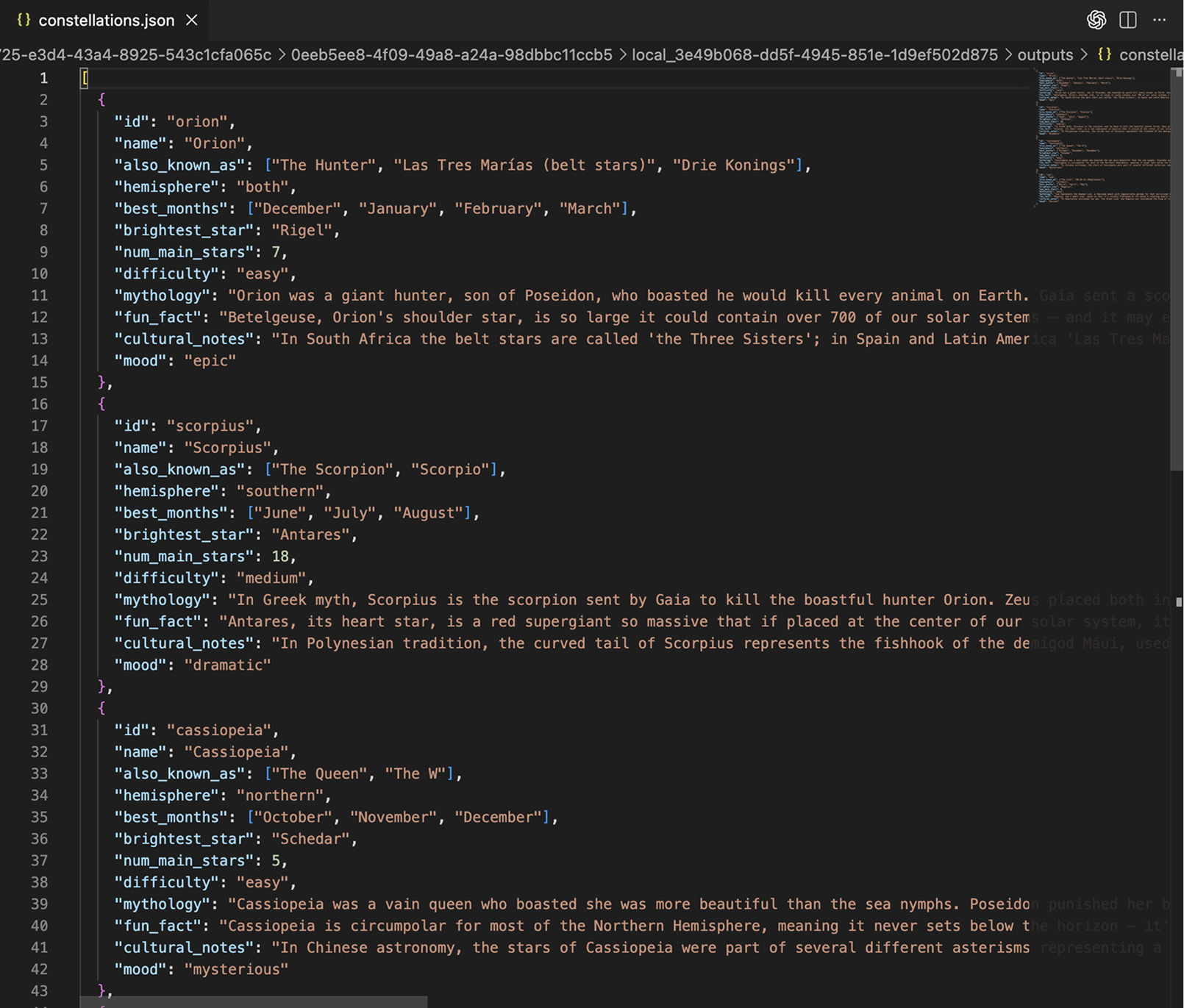 Final JSON output for Orion, Scorpius, Cassiopeia, Leo