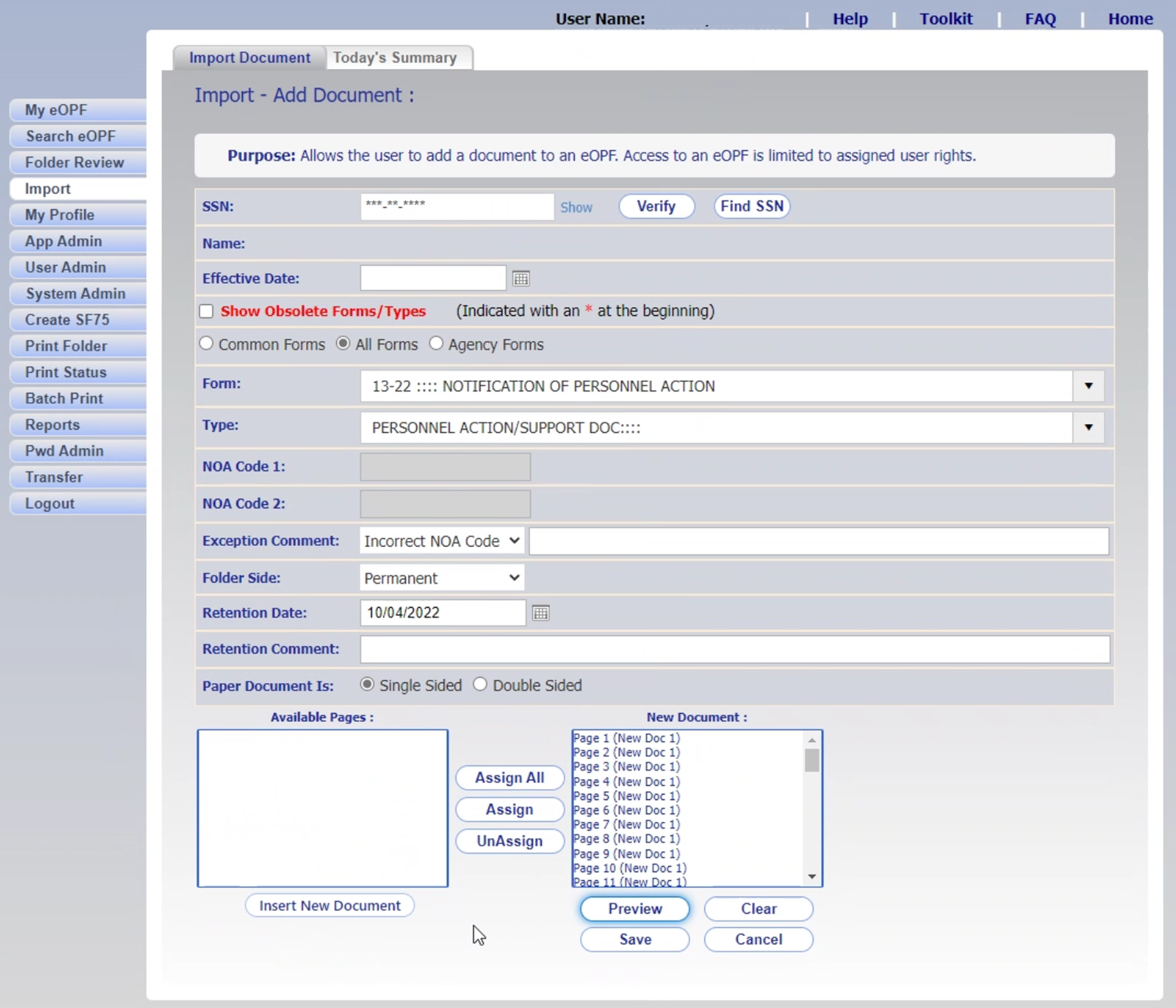 Legacy eOPF interface