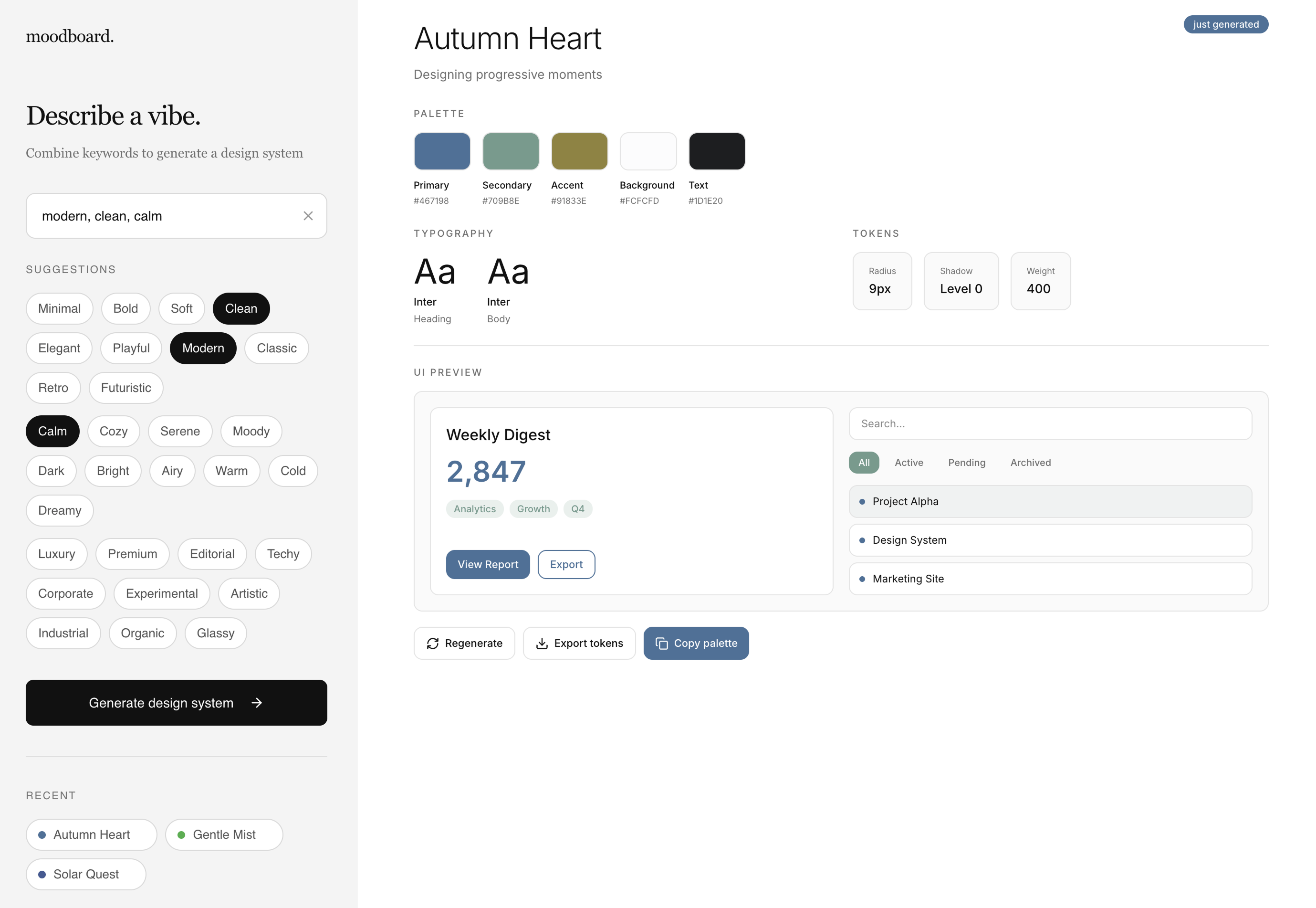 Moodboard Generator app — keyword input with generated palette, typography, and UI preview